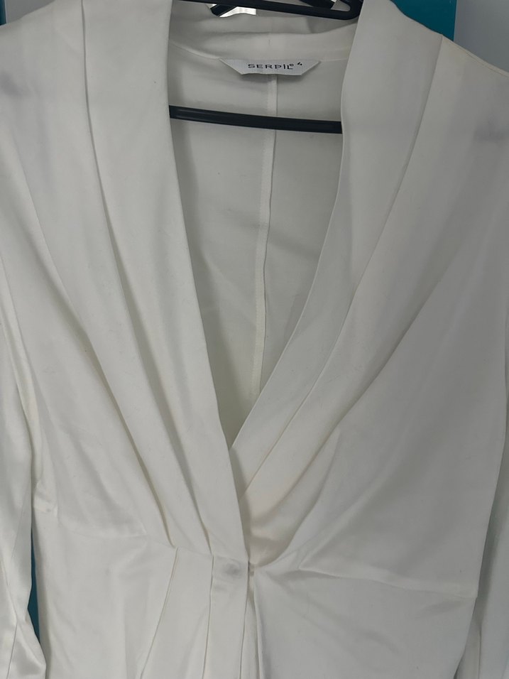 Beyaz Keten V Yaka Drapeli Kadın Gömlek - Görsel 4