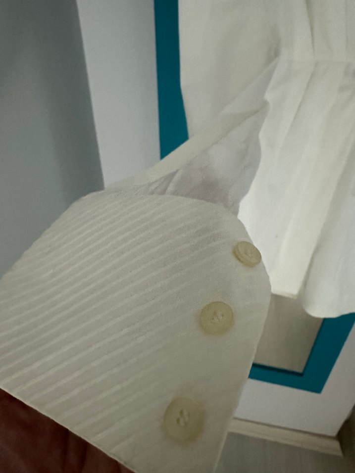 Beyaz Keten V Yaka Drapeli Kadın Gömlek - Görsel 2