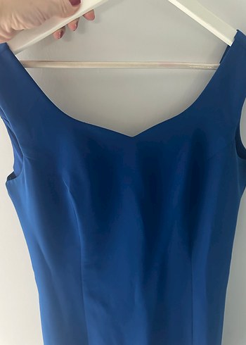 Mavi V Yaka Kolsuz Midi Kadın Elbise - Görsel 4