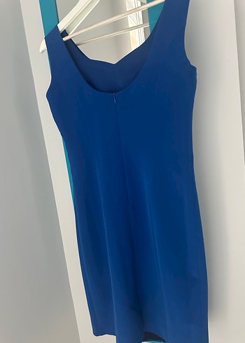 Mavi V Yaka Kolsuz Midi Kadın Elbise - Görsel 2