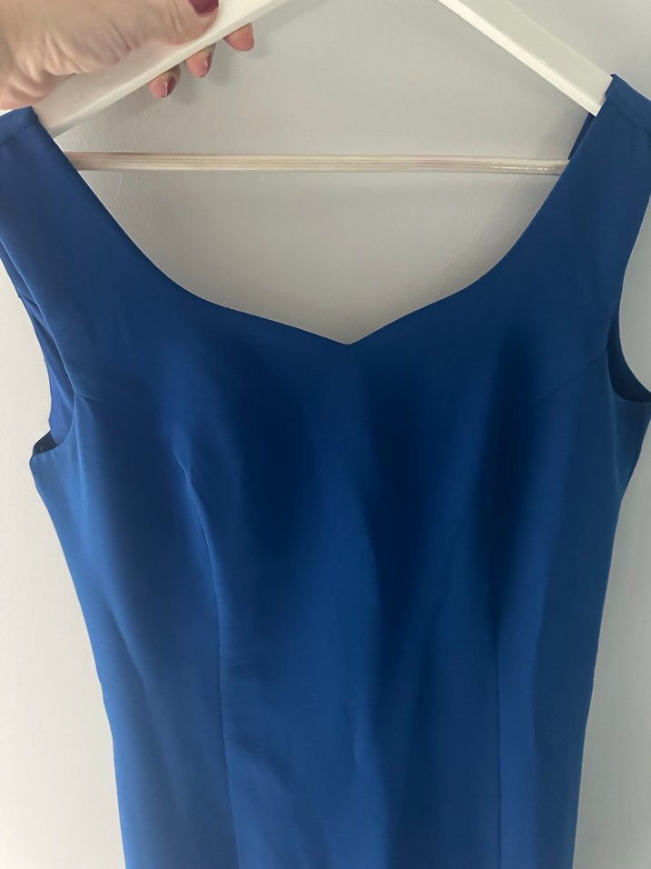 Mavi V Yaka Kolsuz Midi Kadın Elbise - Görsel 4