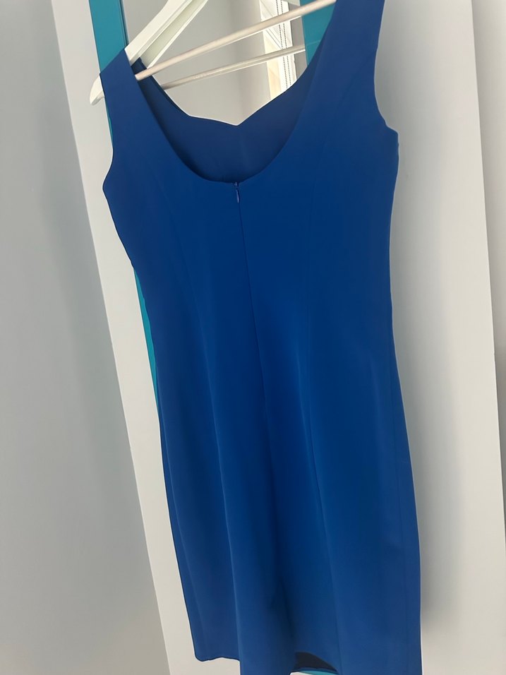 Mavi V Yaka Kolsuz Midi Kadın Elbise - Görsel 2