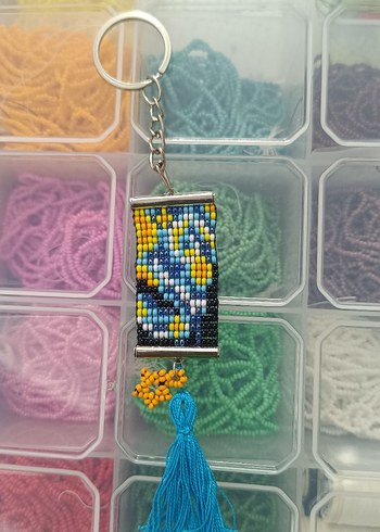 Van Gogh yıldızlı gece desenli Renkli Boncuklu Anahtarlık - Görsel 2