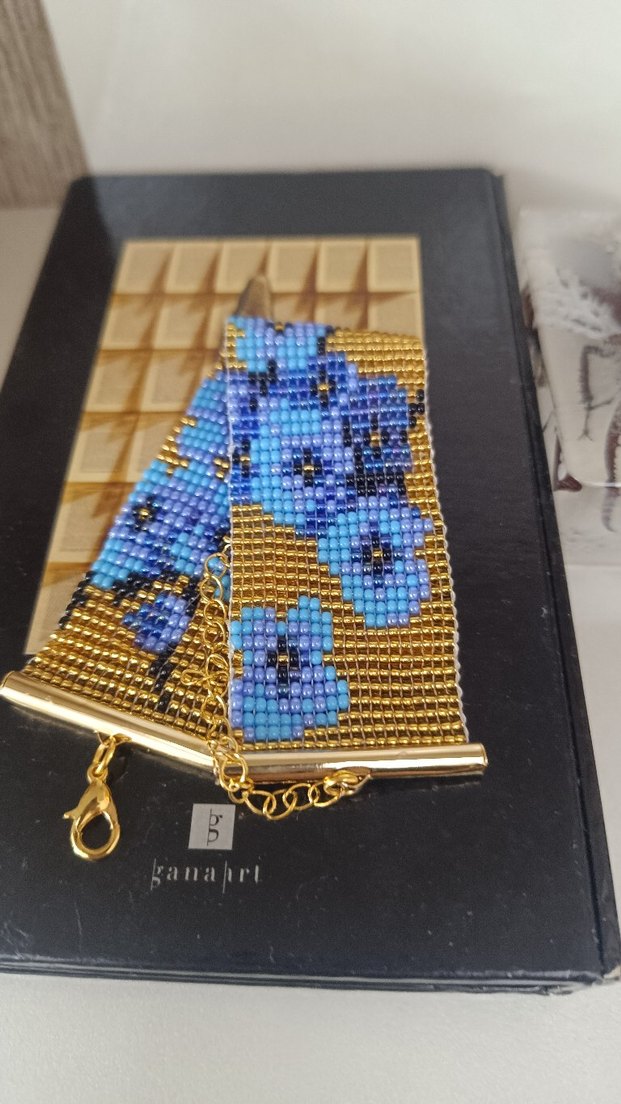 Bahar Çiçekli Kum Gold- Mavi Boncuk Bileklik - Görsel 4