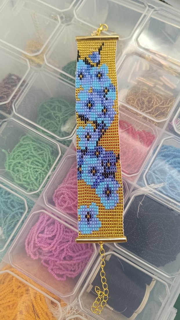 Bahar Çiçekli Kum Gold- Mavi Boncuk Bileklik - Görsel 3