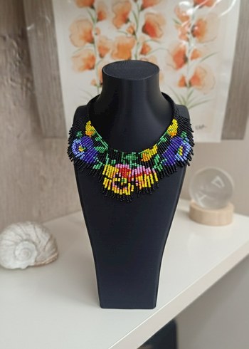 Menekşe Desenli Kum Boncuklu Bohem Kolye - Görsel 2