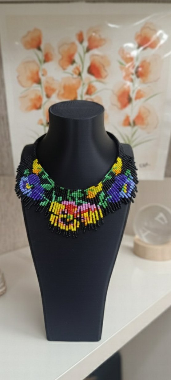 Menekşe Desenli Kum Boncuklu Bohem Kolye - Görsel 3