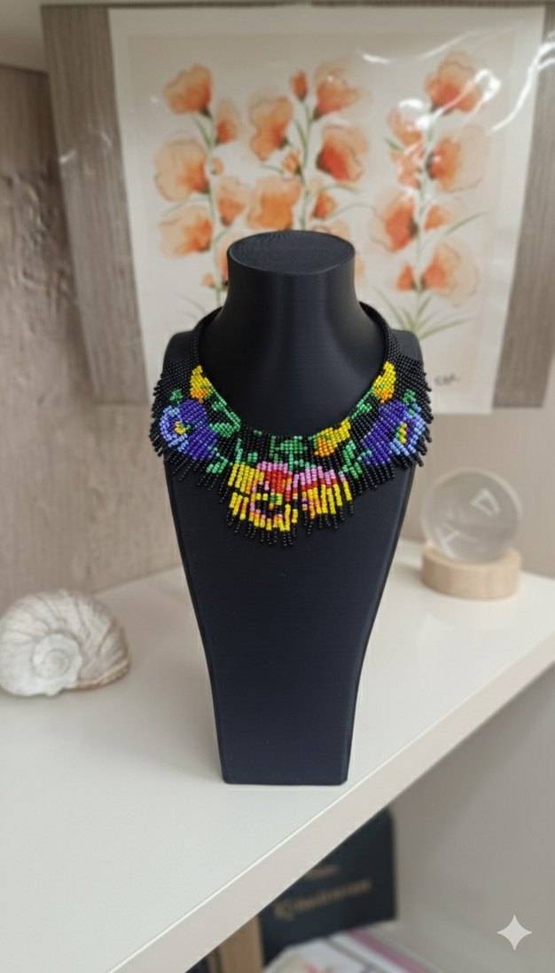 Menekşe Desenli Kum Boncuklu Bohem Kolye - Görsel 2