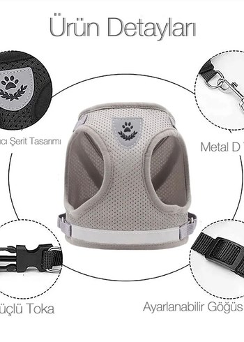 Reflektörlü Gri Kedi Köpek Göğüs Tasması - Görsel 9
