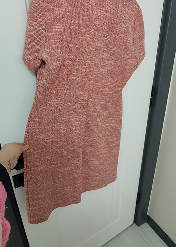 Pembe Keten Midi Elbise, Kısa Kollu, Düğmeli - Görsel 4