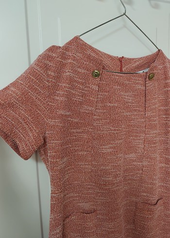 Pembe Keten Midi Elbise, Kısa Kollu, Düğmeli - Görsel 2