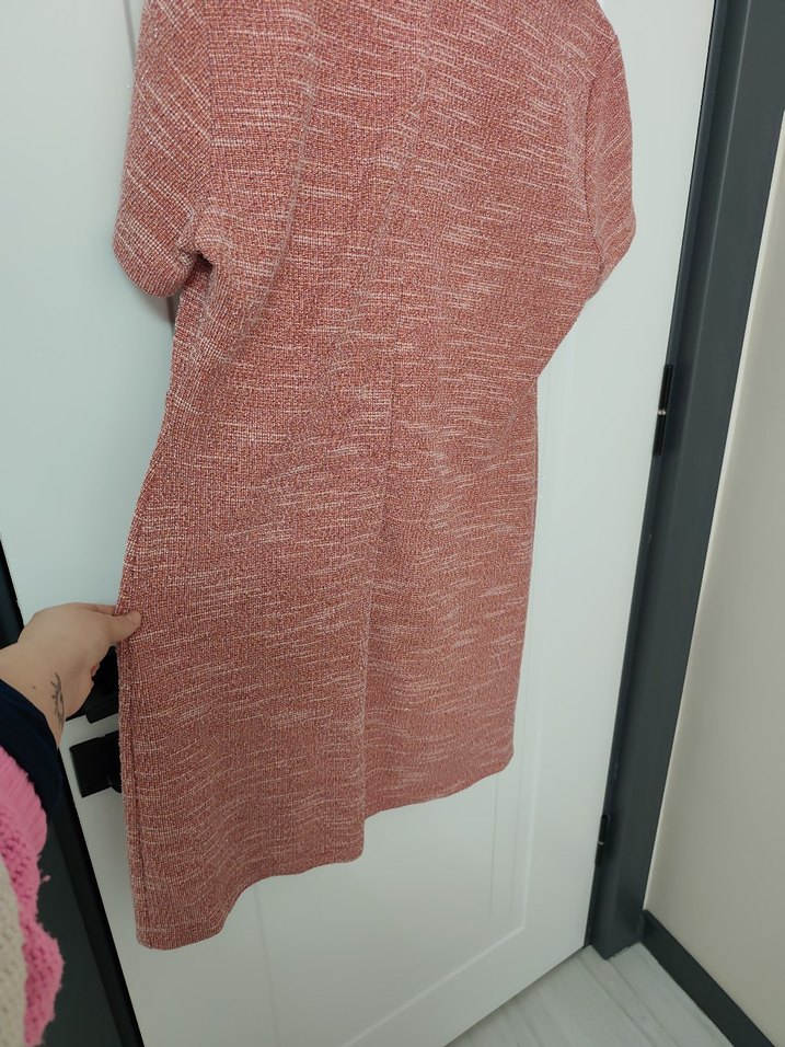 Pembe Keten Midi Elbise, Kısa Kollu, Düğmeli - Görsel 4