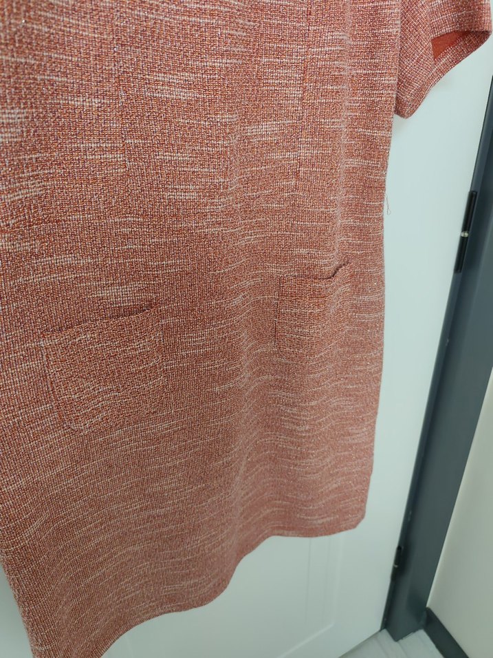 Pembe Keten Midi Elbise, Kısa Kollu, Düğmeli - Görsel 3