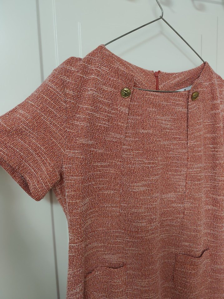 Pembe Keten Midi Elbise, Kısa Kollu, Düğmeli - Görsel 2