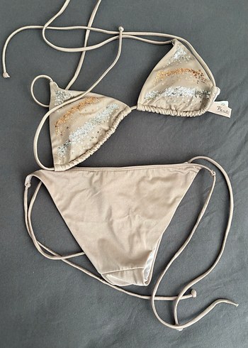 İnce Askılı, pullu Bej Bikini - Görsel 4