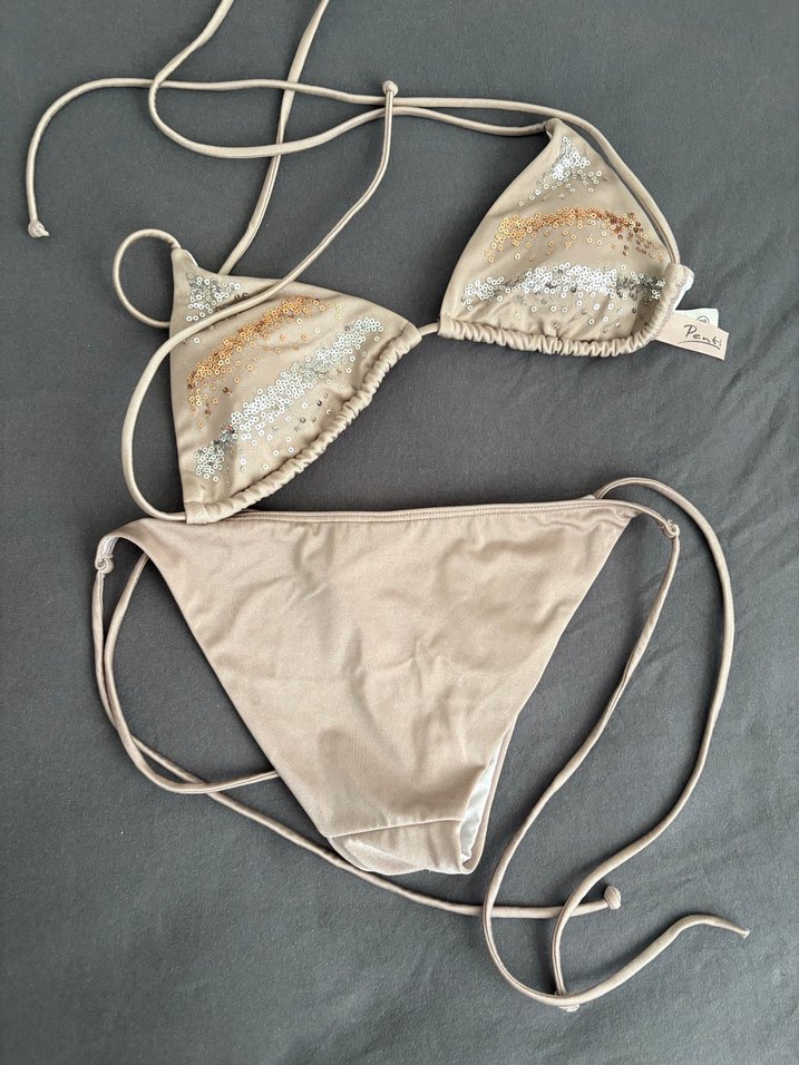 İnce Askılı, pullu Bej Bikini - Görsel 4