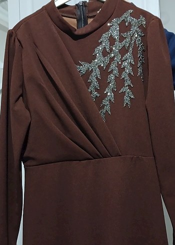 Drapeli Uzun Kollu Kahverengi Abiye Elbise - Görsel 3