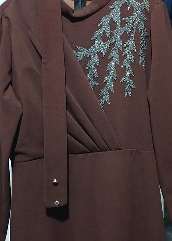 Drapeli Uzun Kollu Kahverengi Abiye Elbise - Görsel 4