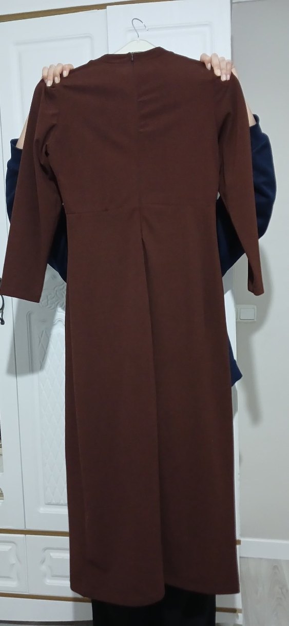 Drapeli Uzun Kollu Kahverengi Abiye Elbise - Görsel 2