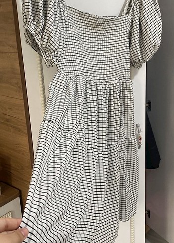 Gri Ekose Midi Elbise, Salaş, Kayık Yaka - Görsel 4