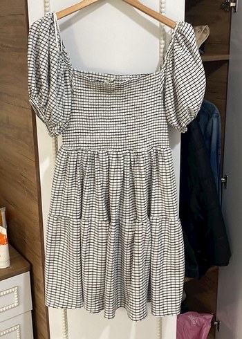 Gri Ekose Midi Elbise, Salaş, Kayık Yaka - Görsel 5