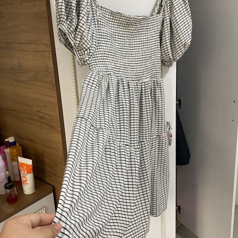 Gri Ekose Midi Elbise, Salaş, Kayık Yaka - Görsel 4