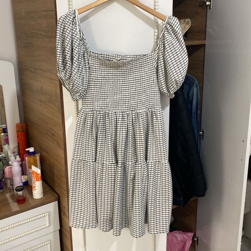 Gri Ekose Midi Elbise, Salaş, Kayık Yaka - Görsel 5