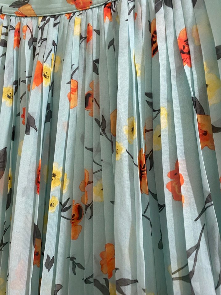 Turkuaz Pileli Uzun Çiçekli Etek - Görsel 2