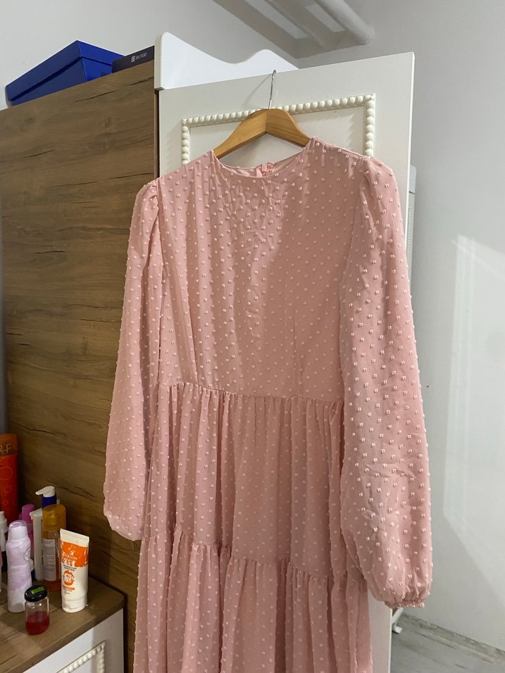 Pembe Uzun Bohem Elbise Volanlı - Görsel 3