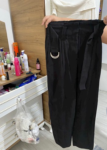 Siyah Zara Kemerli Rahat Kesim Kadın Pantolon - Görsel 5