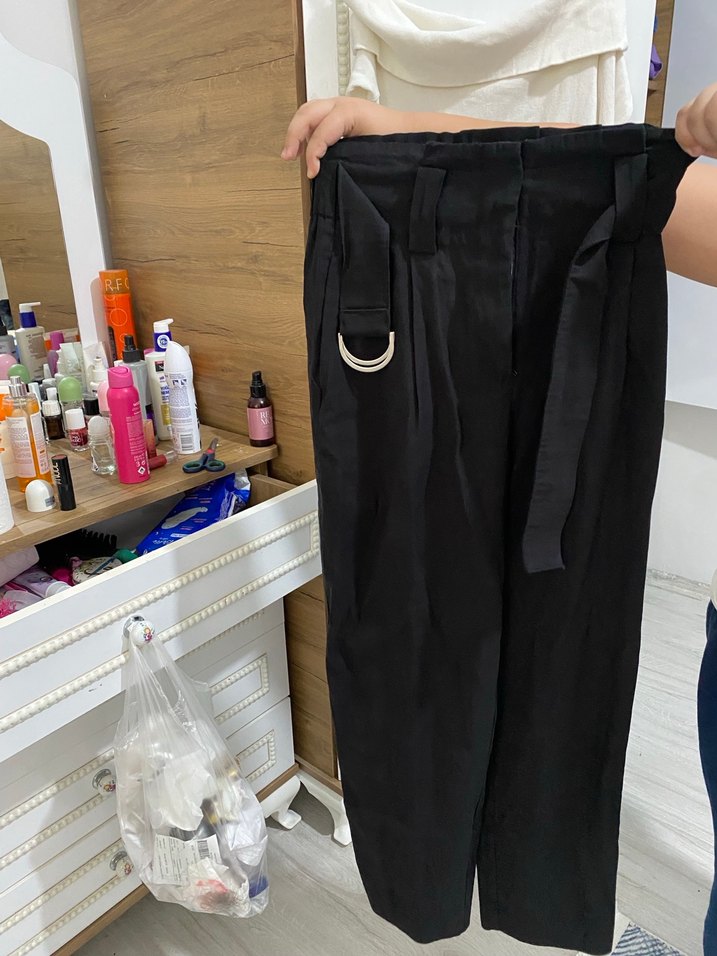 Siyah Zara Kemerli Rahat Kesim Kadın Pantolon - Görsel 5