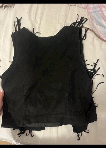 Siyah Straplez Fırfırlı Kadın Yelek - Görsel 2