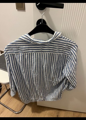 Mavi Çizgili Keten Kadın Gömlek - Görsel 2