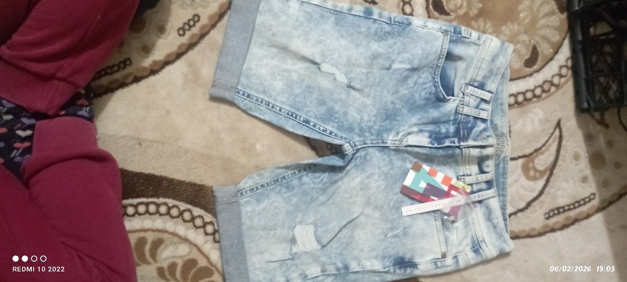 mavi krem ve gri kot şort - Görsel 5