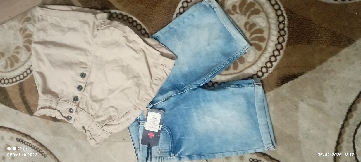 mavi krem ve gri kot şort - Görsel 2