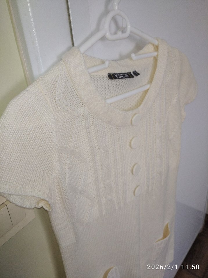 Beyaz Kısa Kollu Örgü Triko Elbise - Görsel 5