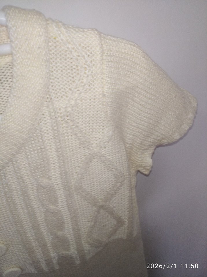 Beyaz Kısa Kollu Örgü Triko Elbise - Görsel 3