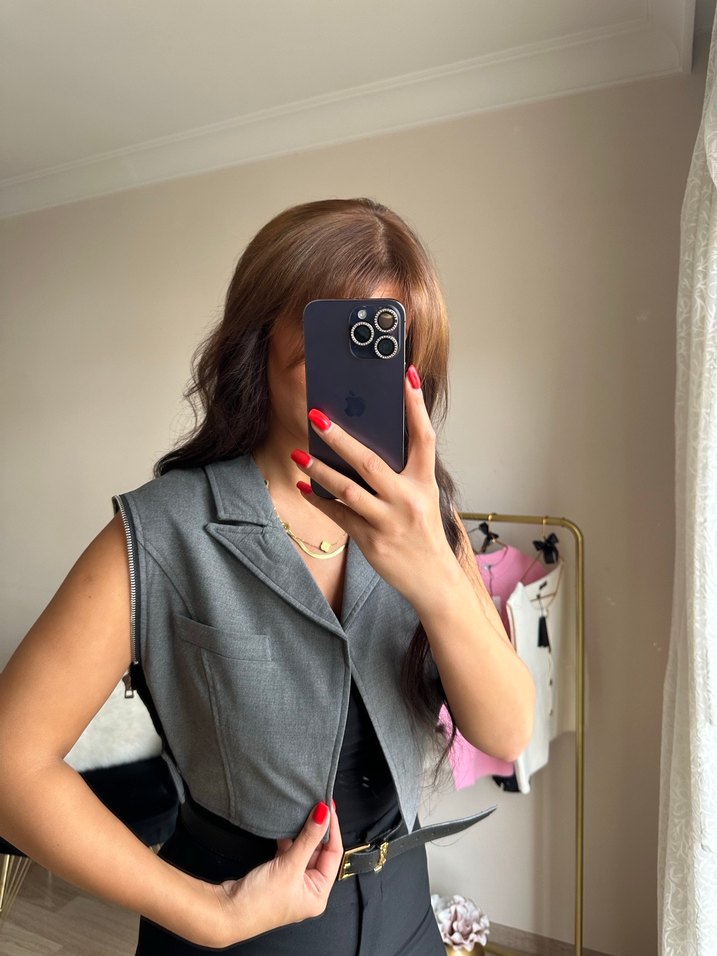 Gri Kolsuz Mini Denim Blazer - Görsel 2