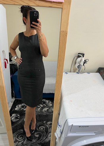 Füme V Yaka Midi Kalem Elbise - Görsel 3