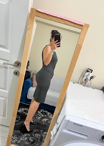 Füme V Yaka Midi Kalem Elbise - Görsel 2