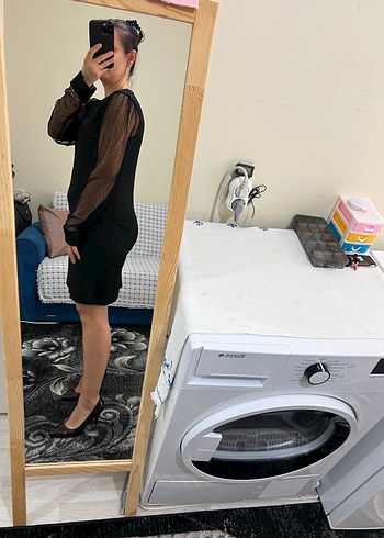 Siyah V Yaka Uzun Kollu Ofis Elbisesi - Görsel 3