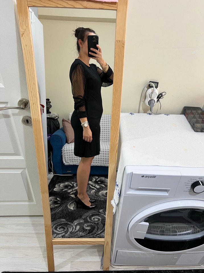 Siyah V Yaka Uzun Kollu Ofis Elbisesi - Görsel 4