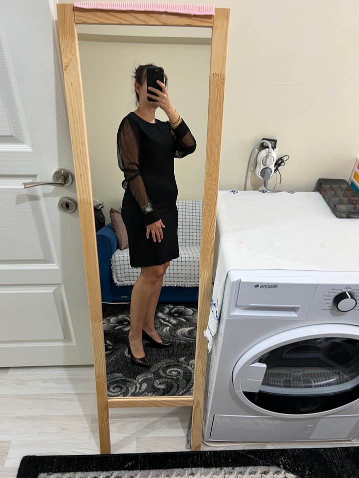 Siyah V Yaka Uzun Kollu Ofis Elbisesi - Görsel 2