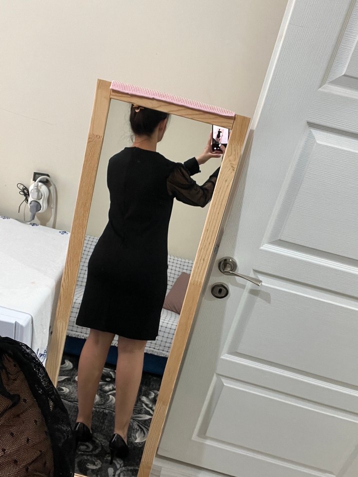 Siyah V Yaka Uzun Kollu Ofis Elbisesi - Görsel 5