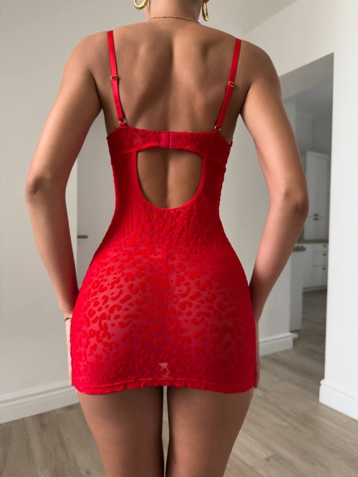 Kırmızı Dantel Detaylı İnce Askılı Mini Gecelik - Görsel 2