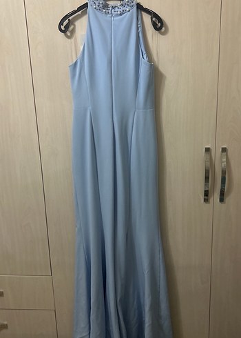 Mavi Uzun Boncuk İşlemeli Straplez Elbise - Görsel 3