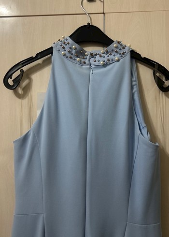 Mavi Uzun Boncuk İşlemeli Straplez Elbise - Görsel 4