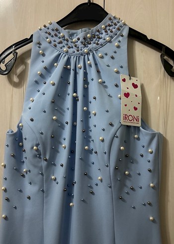 Mavi Uzun Boncuk İşlemeli Straplez Elbise - Görsel 2