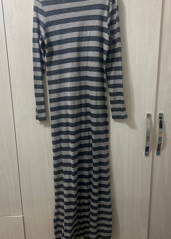 Gri Çizgili Uzun Kollu Kadın Elbise - Görsel 4