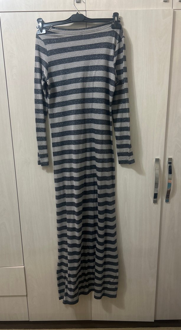 Gri Çizgili Uzun Kollu Kadın Elbise - Görsel 4